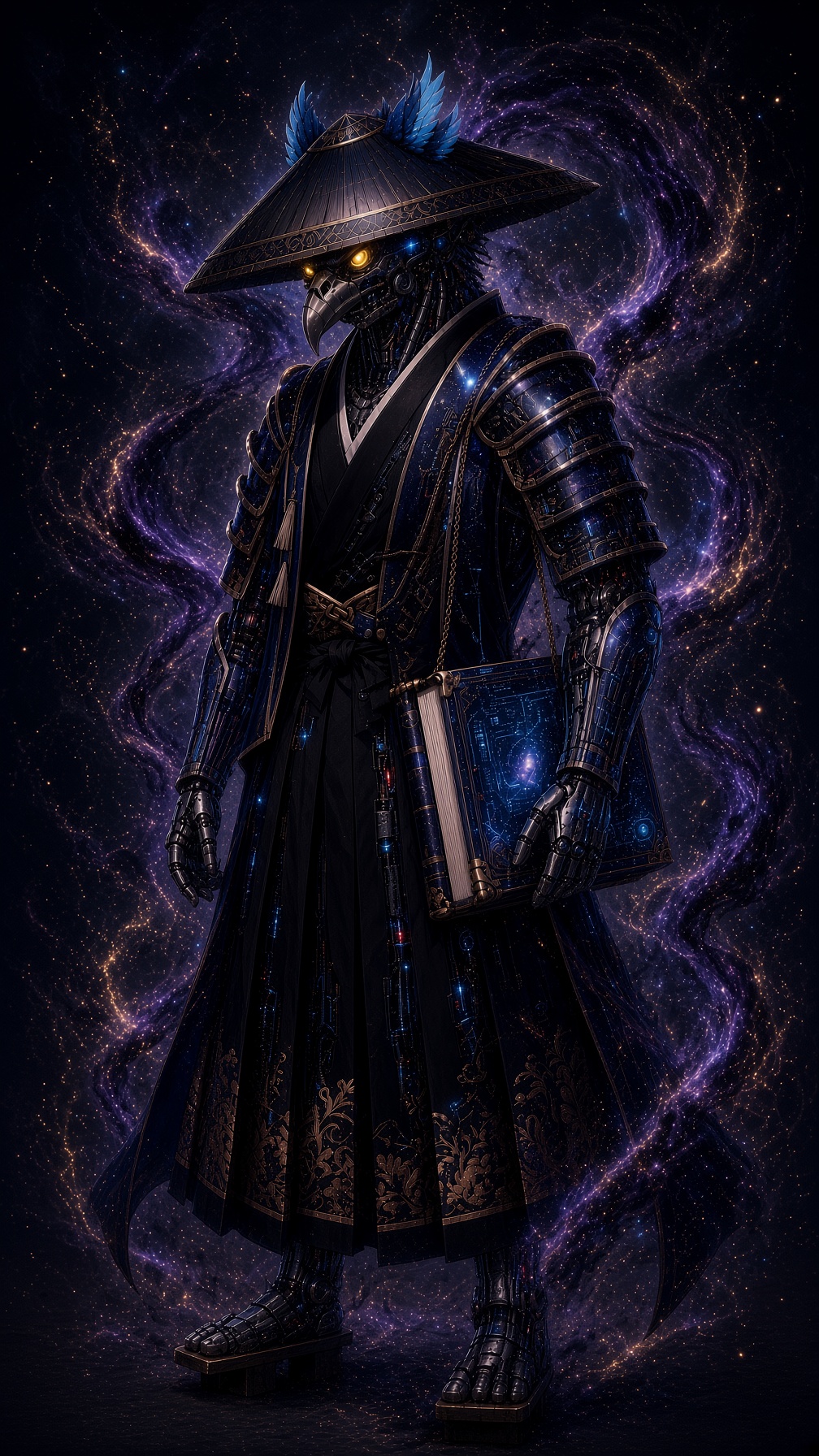 The same Ronin revealed as a cyborg — mechanical, circuit-lit, a single glowing eye: the AI he wields
