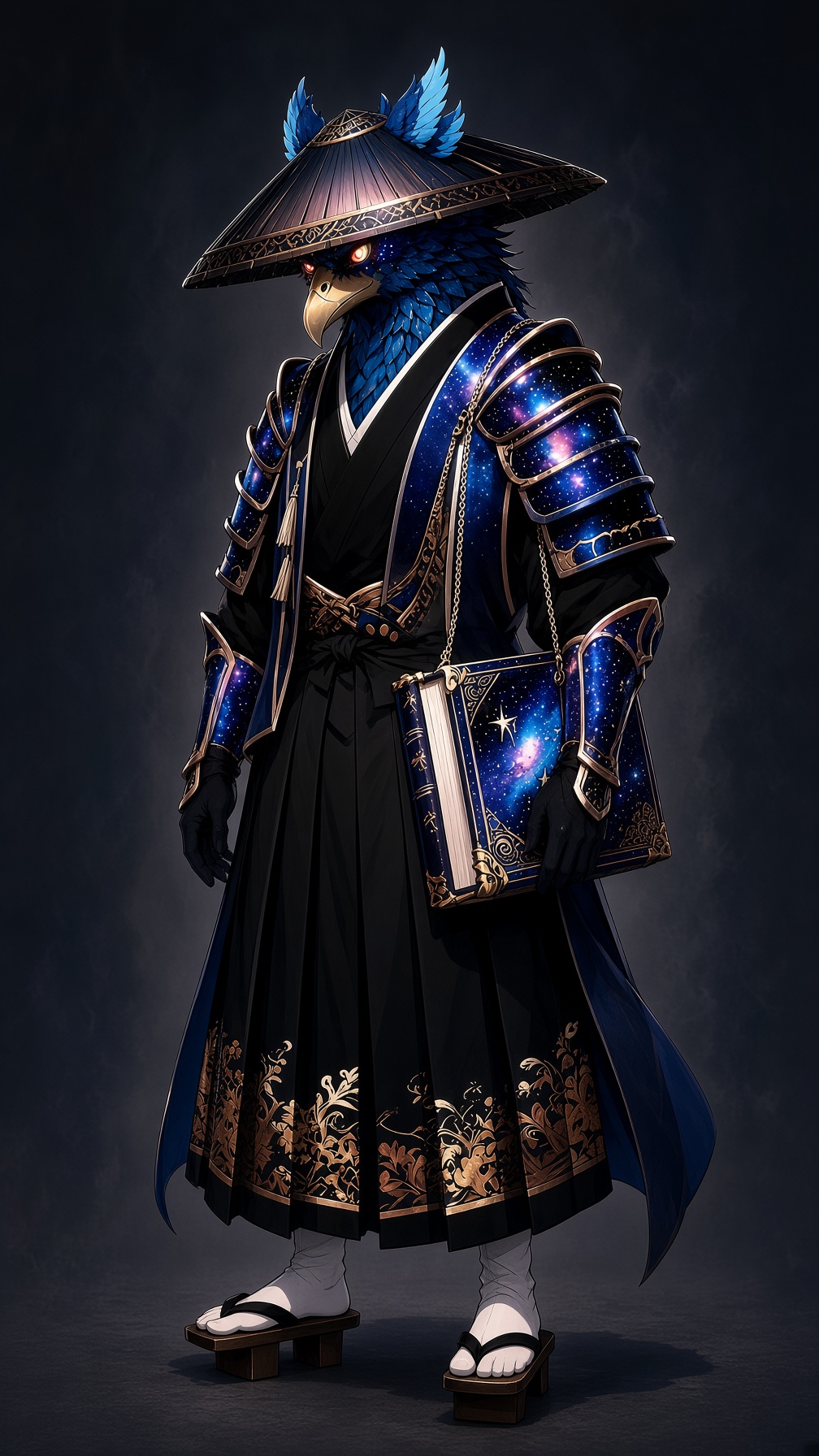 The star-forged Ronin — a blue phoenix samurai in galaxy armour, holding a tome of stars
